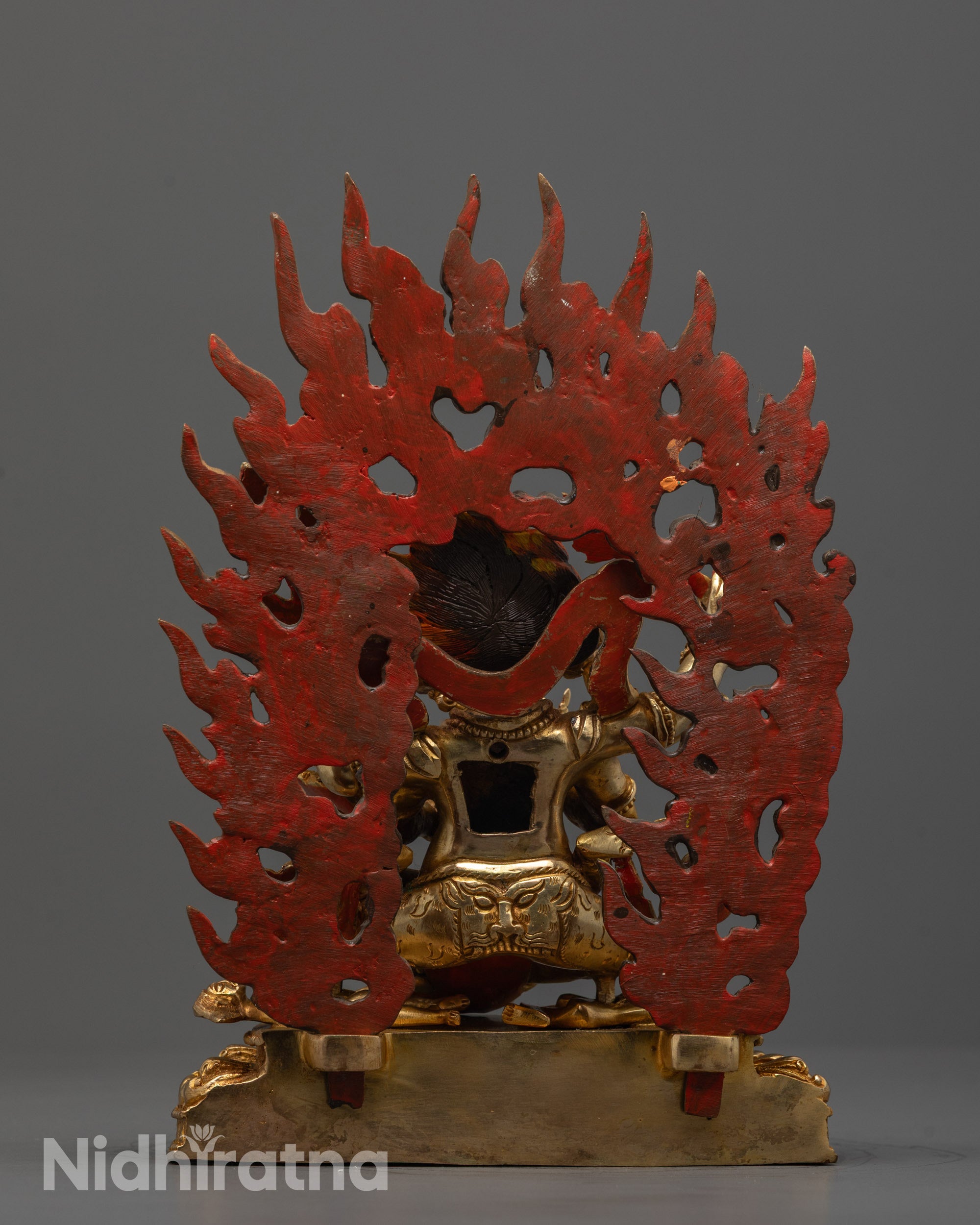 Back view of Four Armed Mahakala Consort Statue highlighting the fierce halo