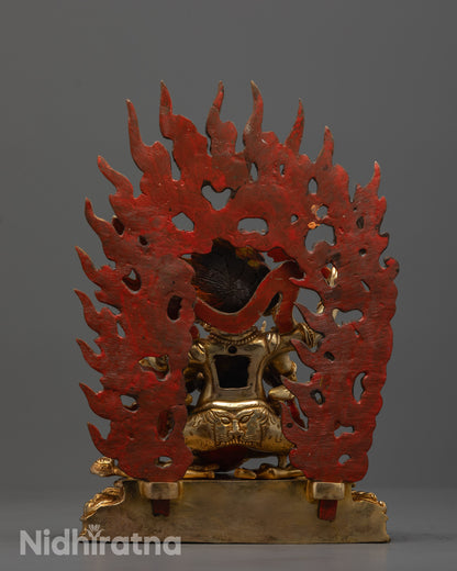 Back view of Four Armed Mahakala Consort Statue highlighting the fierce halo