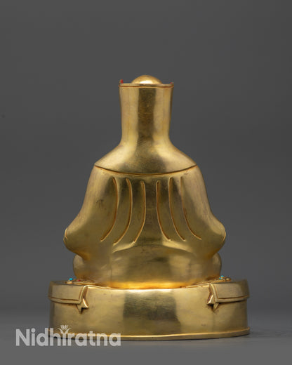 Back view of Gampopa statue 24K gold fire gilded Tibetan Buddhist master sculpture Nepal lost wax crafted.