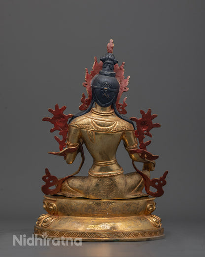Back view of Green Tara Buddha Statue highlighting fine carvings and artisan craftsmanship