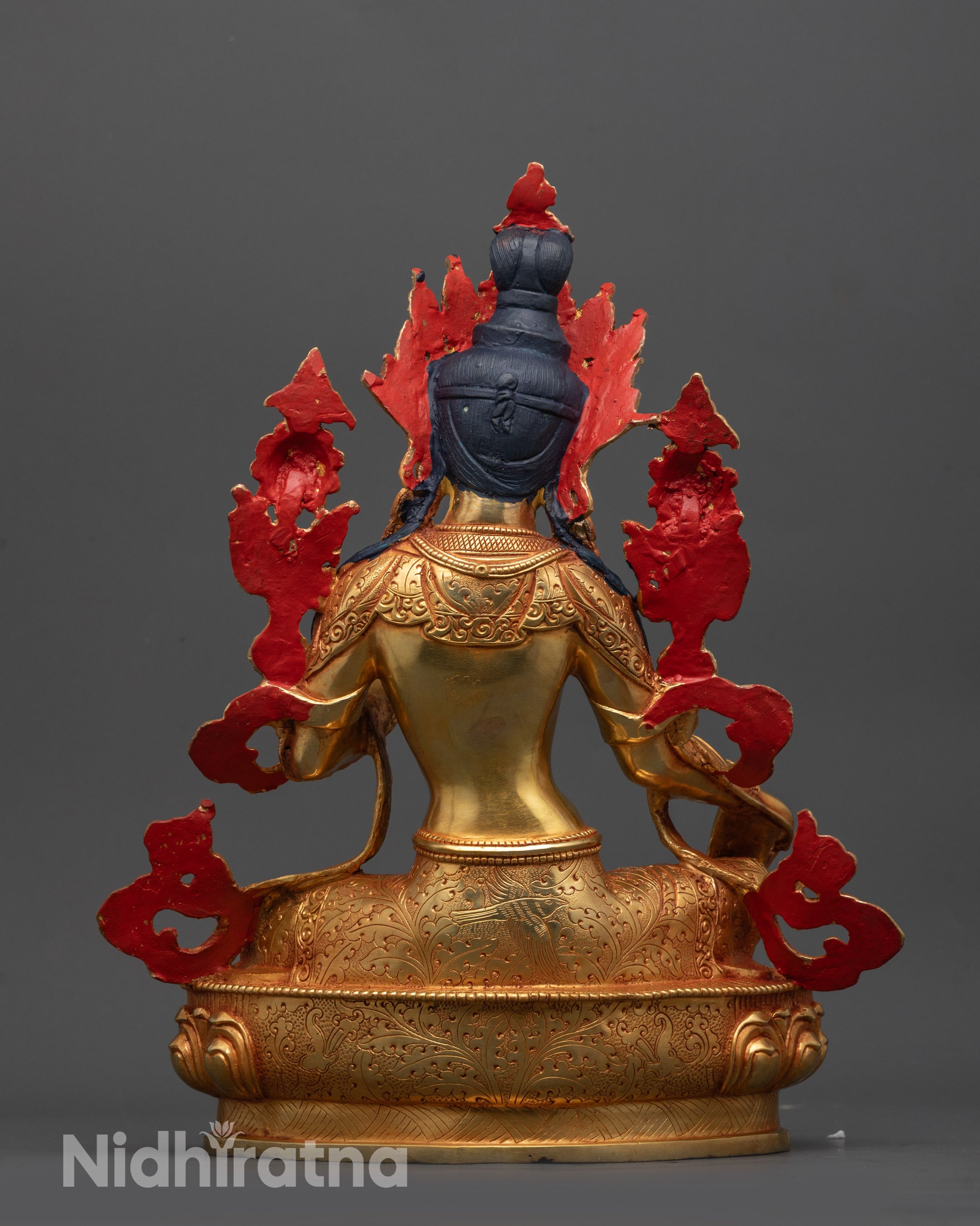 Back view of Green Tara Buddhist statue highlighting traditional lost-wax craftsmanship