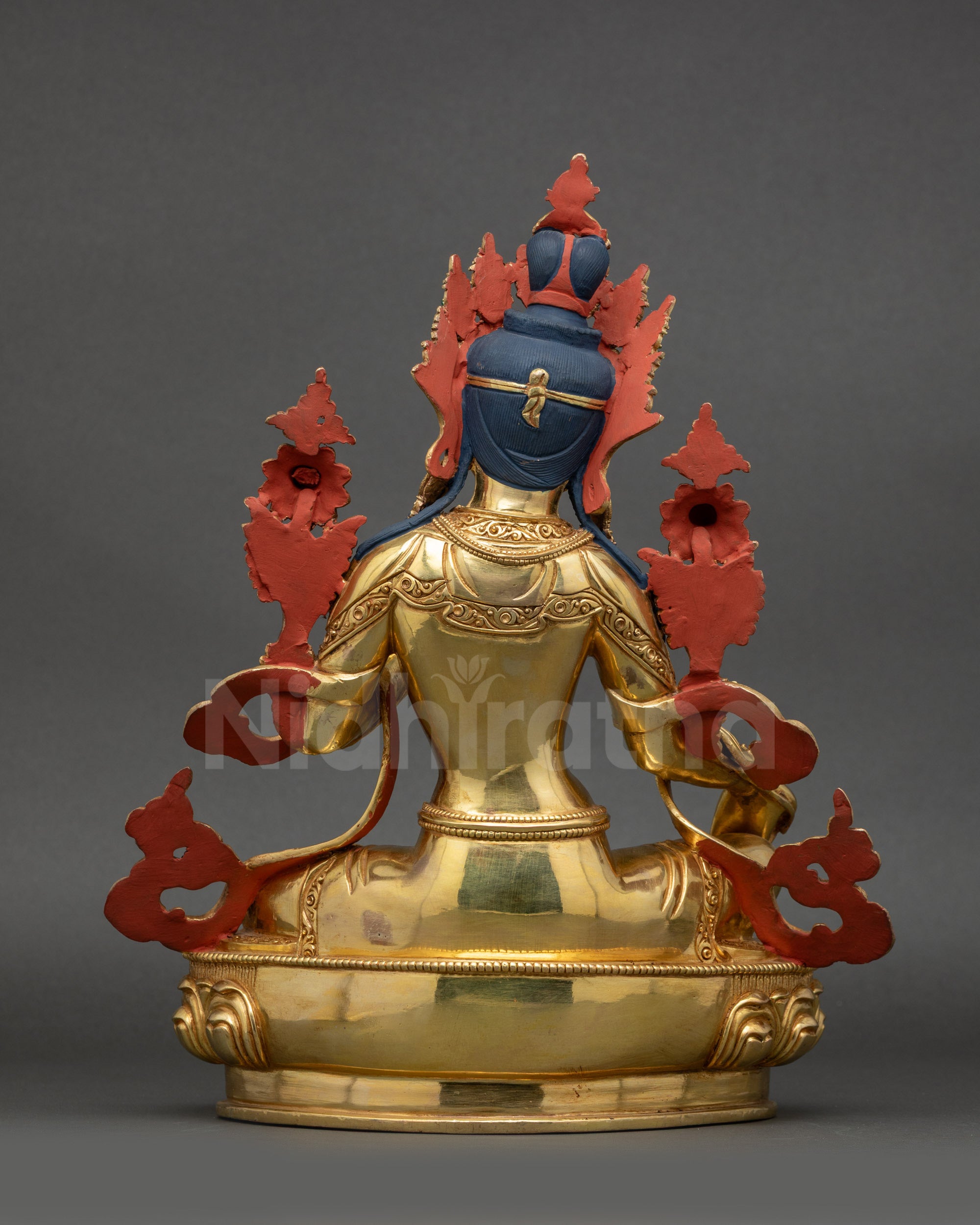 Back view of Green Tara Sculpture revealing flowing robes and ornate craftsmanship