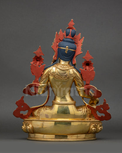 Back view of Green Tara Sculpture revealing flowing robes and ornate craftsmanship