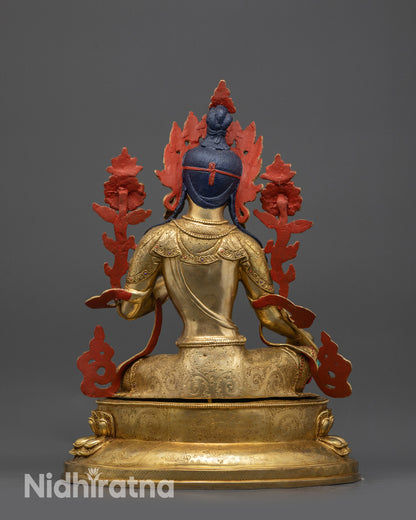 Back view of Green Tara Statue displaying carved robe and detailed lotus pedestal