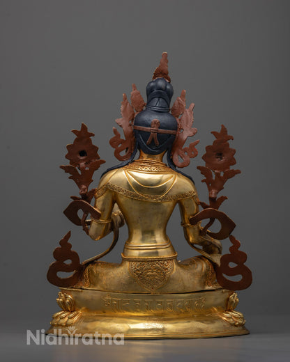 Back view of Green Tara Statue displaying detailed robe patterns
