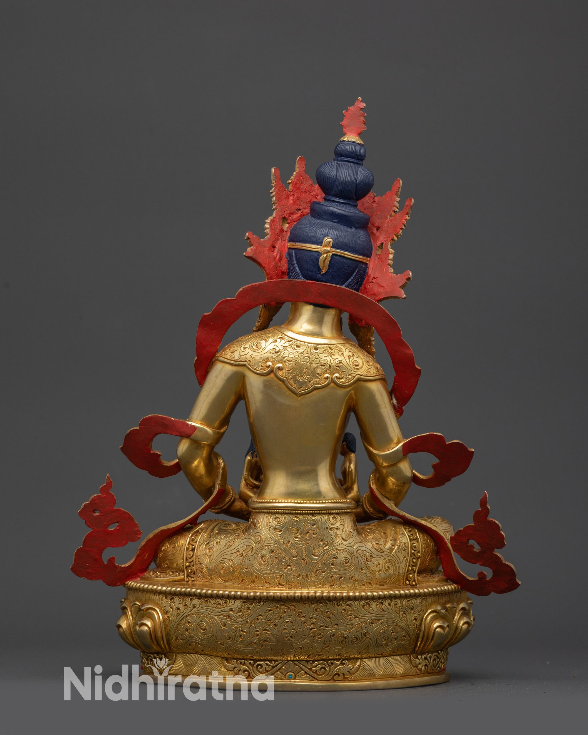 Back view of Green Tara Statue, engraved lotus seat and hand-carved sacred patterns