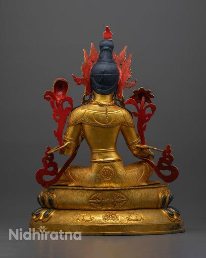 Back view of Green Tara Statue highlighting crystal finish and intricate throne carvings