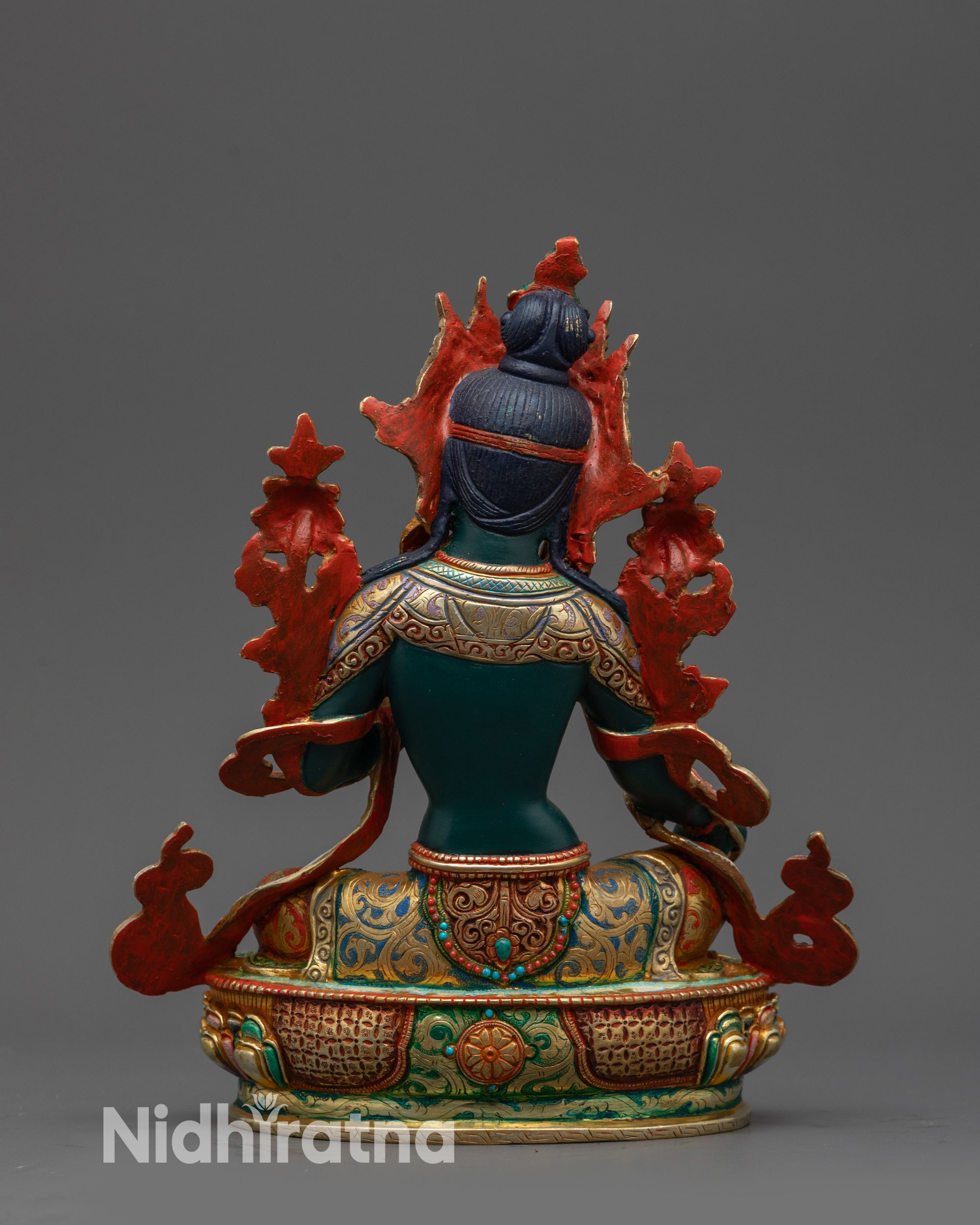 Back view of Green Tara Statue highlighting gold-plated details and thangka-accurate base