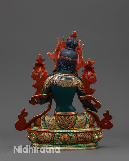 Back view of Green Tara Statue highlighting gold-plated details and thangka-accurate base