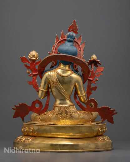 Back view of Green Tara Statue highlighting hand-painted acrylic details and carvings


