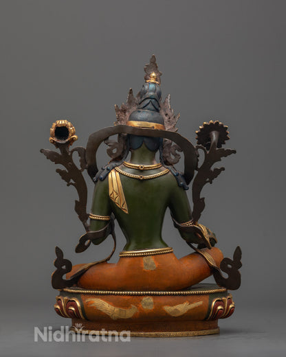 Back view of Green Tara Statue highlighting intricate design work
