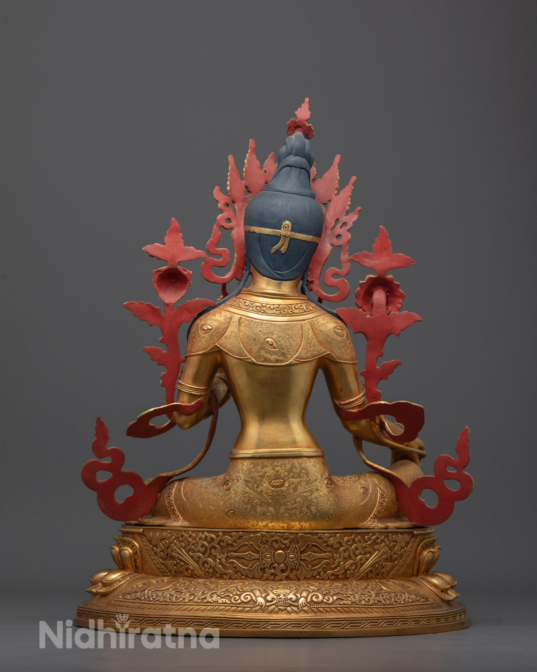 Back view of Green Tara Statue showing detailed craftsmanship, gold gilding on copper base