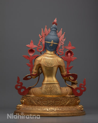 Back view of Green Tara Statue showing detailed craftsmanship, gold gilding on copper base