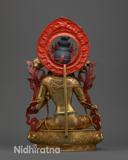 Back view of Green Tara Statue showing intricate halo and ornate robes