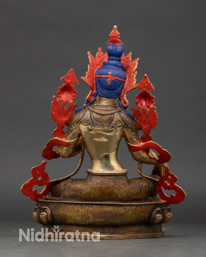 Back view of Green Tara altar statue with intricate lotus seat and Nepalese craftsmanship