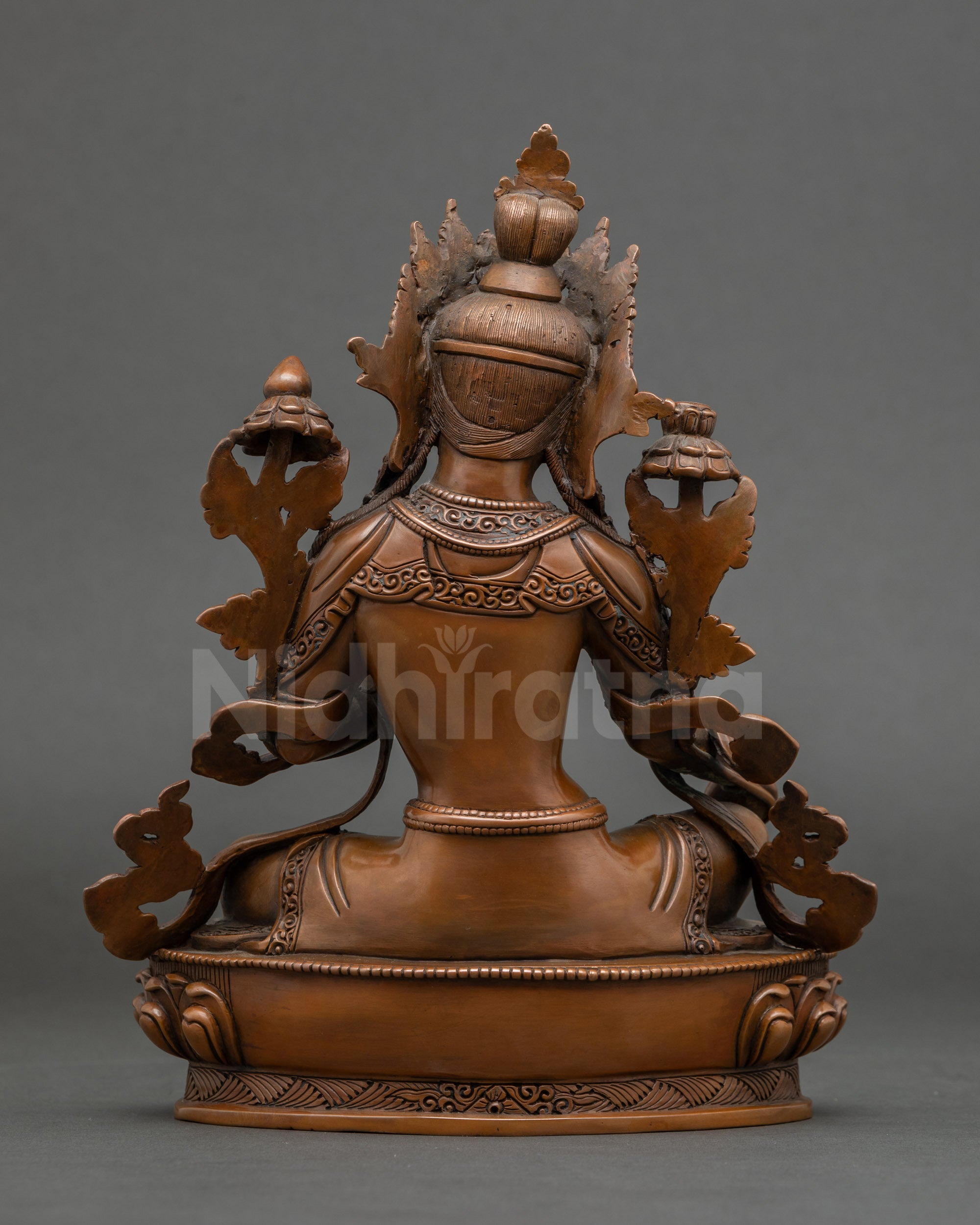 Back view of Green Tara meditation art, handcrafted copper, spiritually inspiring décor