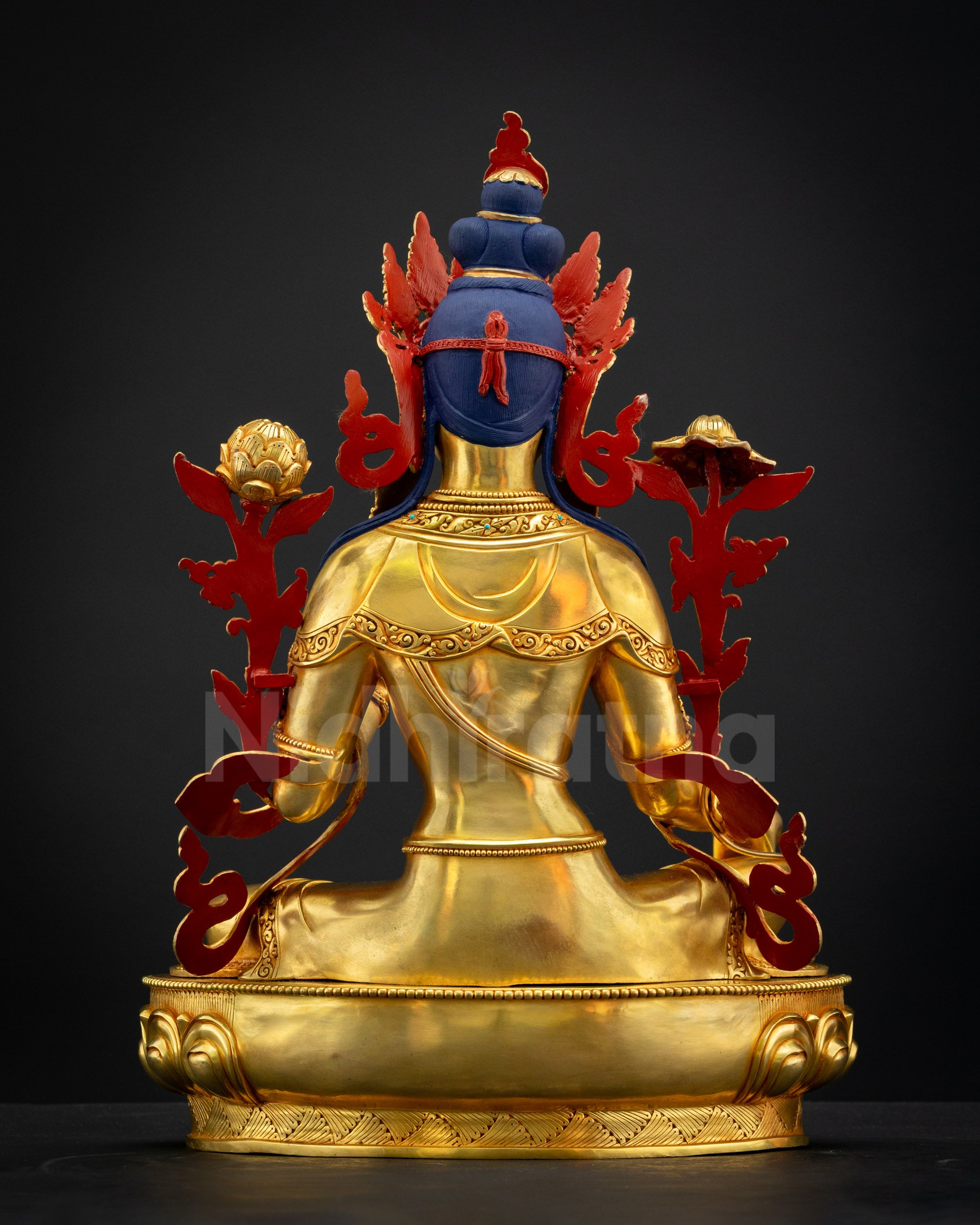 Back view of Green Tara statue displaying detailed 3D carvings and triple-layer gold fire-gilding, handcrafted in Nepal