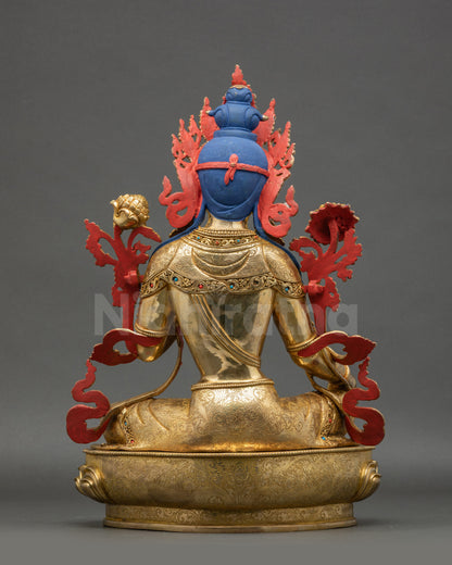 Back view of Green Tara statue gold fire-gilded copper lotus altar sculpture