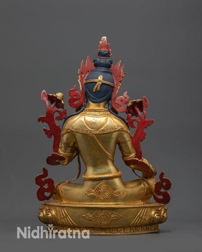 Back view of Green Tara statue showcasing detailed lotus pedestal and intricate patterns