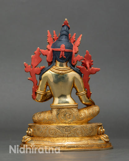 Back view of Green Tara statue showing polished finish and lotus throne detail