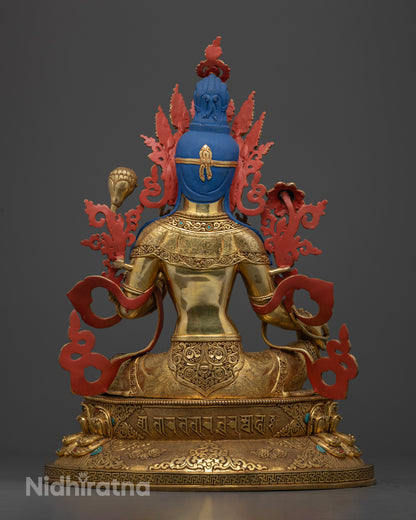 Back view of Green Tara statue with detailed robes and lotus throne, traditional Nepalese Buddhist décor