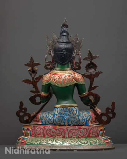 Back view of Green Tara statue with gold-plated finish and premium acrylic colors