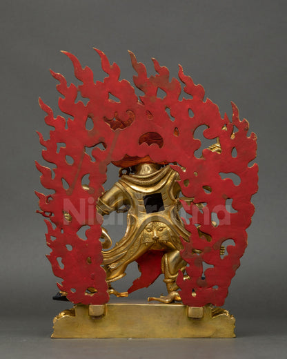 Back view of Guru Dragpo Statue Detailed copper and gold fire-gilded Buddhist sculpture