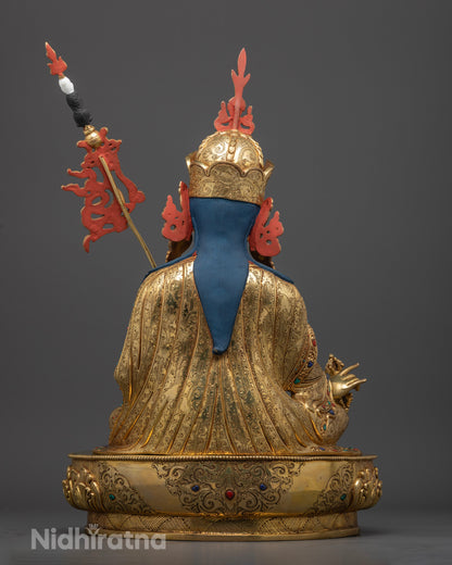 Back view of Guru Pema Jungne statue with double vajra design and detailed robes, traditional Newari copper sculpture