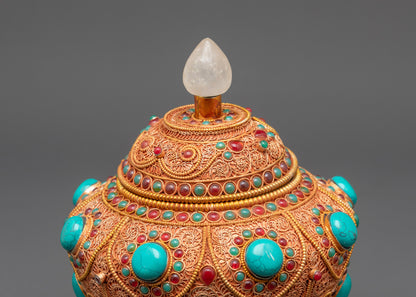 Back view of Handcrafted Neshi Rice Pot showcasing detailed gold and copper patterns