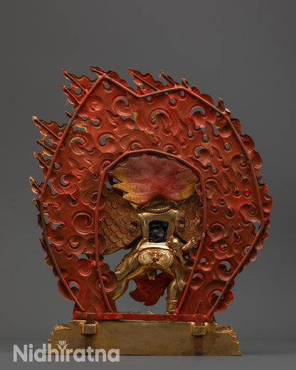 Back view of Hayagriva Statue with blazing halo and lotus seat featuring deities