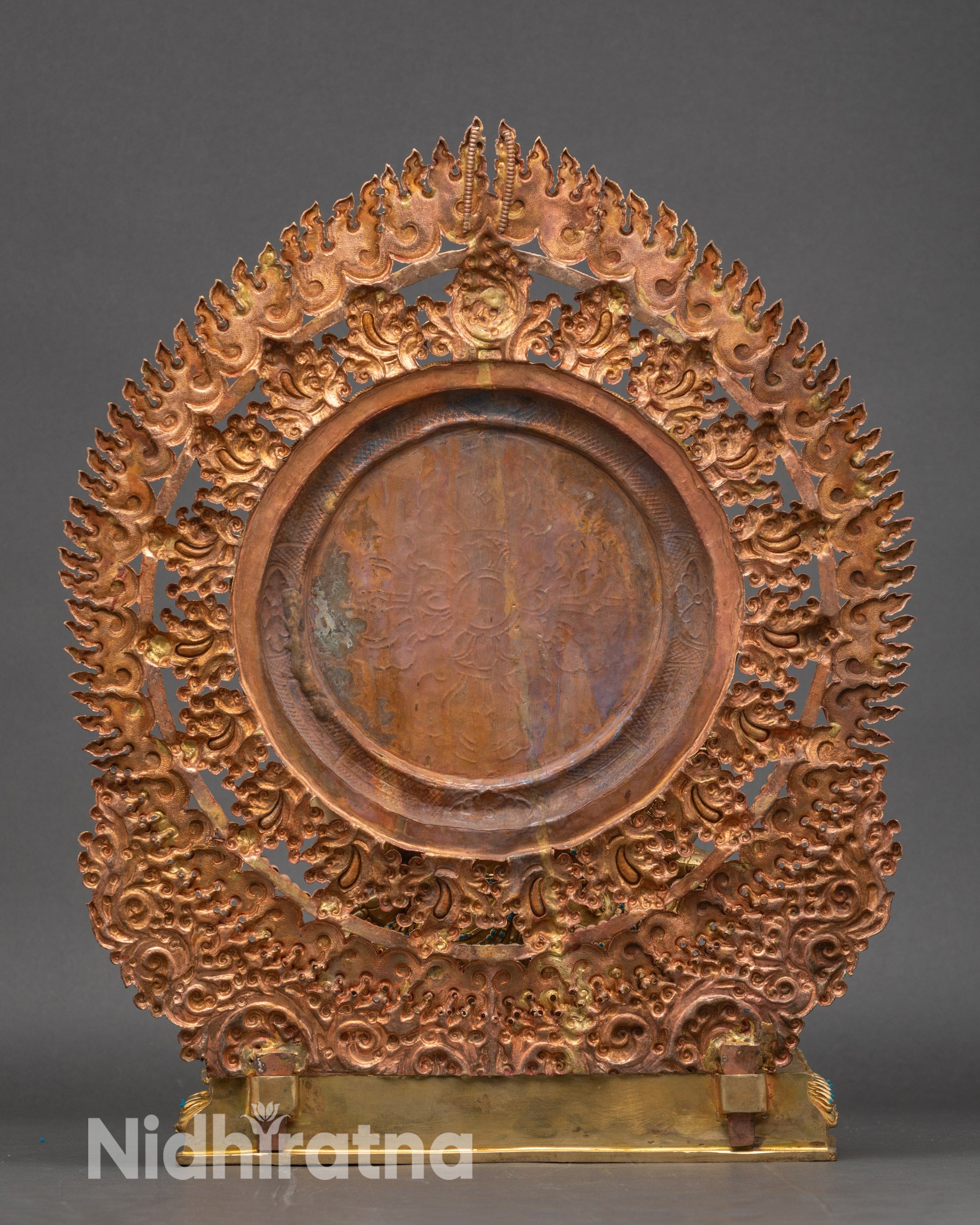 Back view of Hayagriva Yab-Yum sculpture, lotus throne and blazing wisdom flame halo