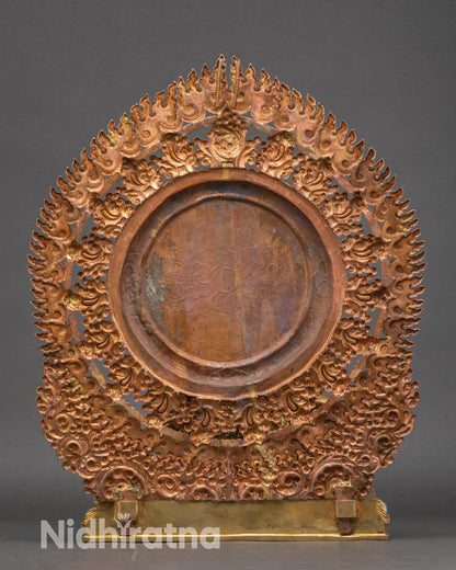 Back view of Hayagriva Yab-Yum sculpture, lotus throne and blazing wisdom flame halo