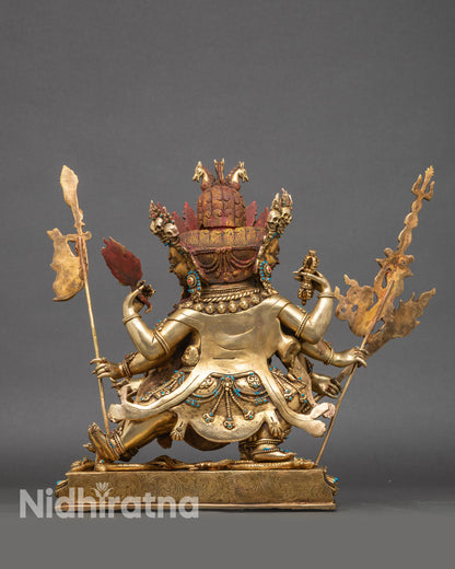 Back view of Hayagriva statue with detailed aureole and ornate lotus base