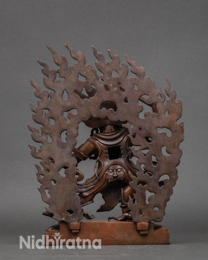 Back view of Hayagriva statue with lotus seat and intricate oxidized copper details