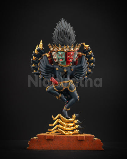 Back view of Hevajra sculpture showing flowing garlands and detailed halo