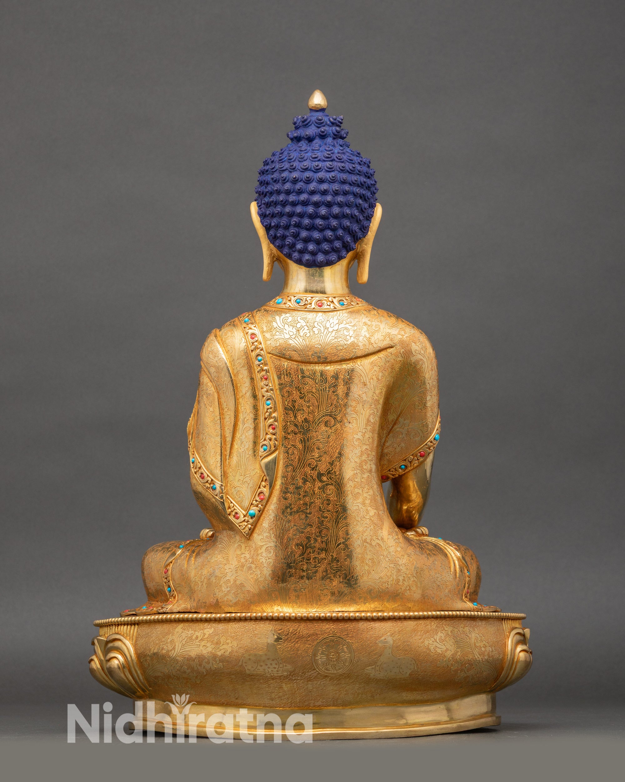 Back view of Himalayan Buddha statue, detailed craftsmanship by Newari artisan, ideal for home altar or meditation space