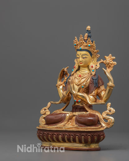 Back view of Himalayan Chenrezig statue highlighting precise lost wax casting details and gold accents.