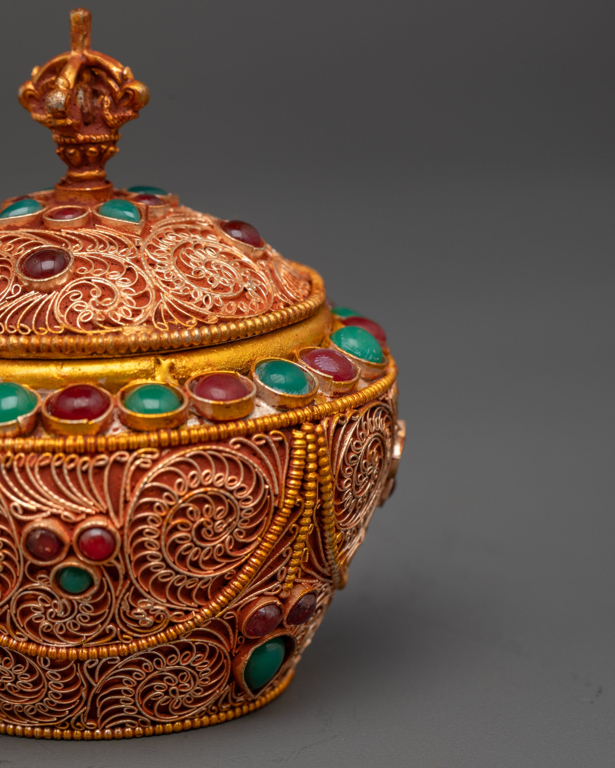 Back view of Himalayan Copper Rice Pot featuring intricate filigree