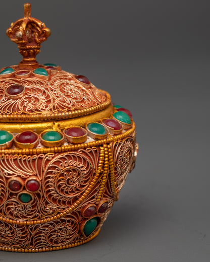 Back view of Himalayan Copper Rice Pot featuring intricate filigree