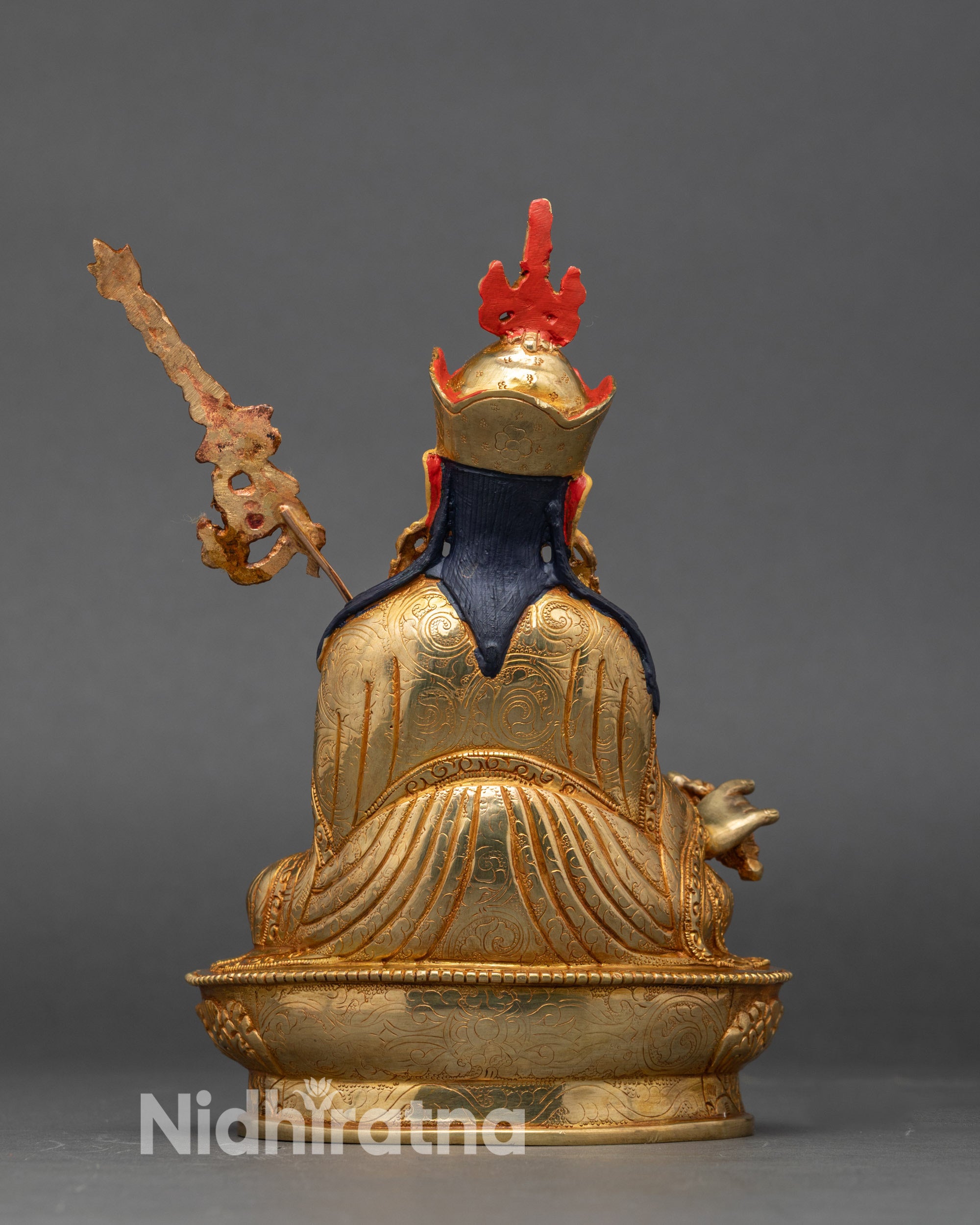 Back view of Himalayan Guru Rinpoche statue, traditional lost-wax casting, sacred altar art