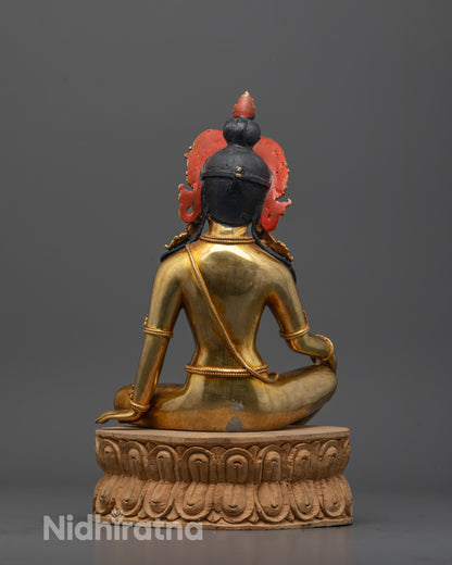 Back view of Indra Statue seated on wooden base highlighting craftsmanship and sacred aura