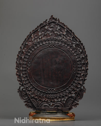 Back view of Kurukulla Statue showing intricate carvings and multi-colored lotus seat
