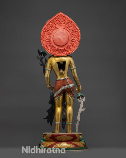 Back view of Lokeshwor statue displaying halo, ornaments, and lotus pedestal