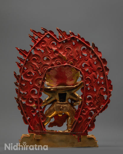 Back view of Mahachakra Vajrapani Consort Statue with blazing halo and carved patterns on seat