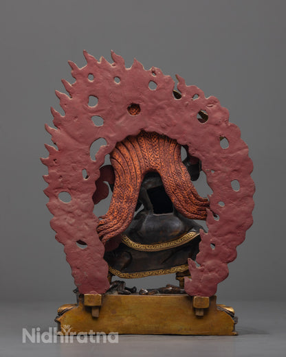 Back view of Mahakala Statue showing fierce halo and ornate crown with gold-plated finish and texture