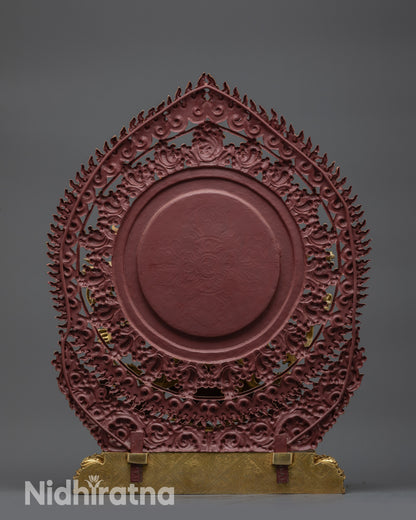 Back view of Mahakala statue with skull and serpent garland and blazing halo