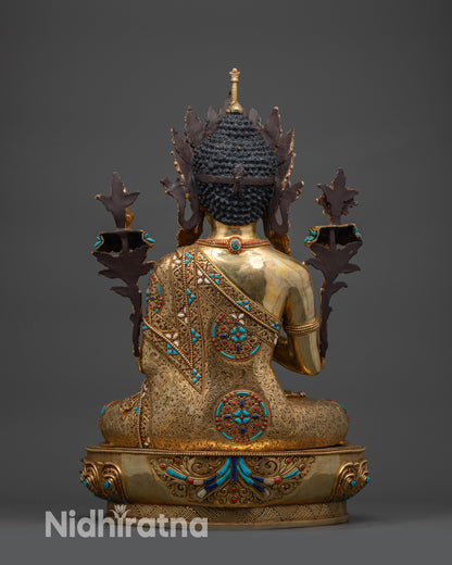 Back view of Maitreya Buddha showing detailed robe patterns and artisan craftsmanship