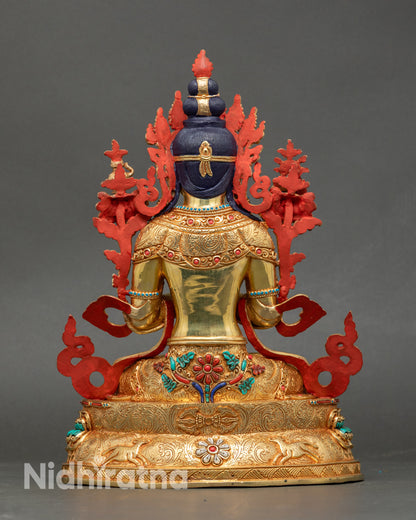 Back view of Maitreya Buddha showing intricately carved robe and decorative motifs