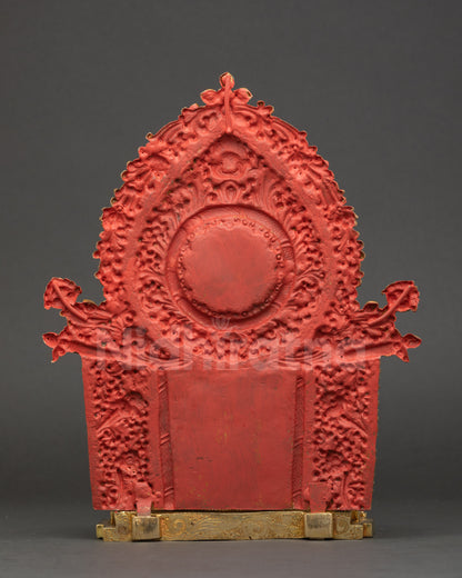 Back view of Manjushree Altar Sculpture showing detailed lotus base, and halo and gold fire-gilded carvings
