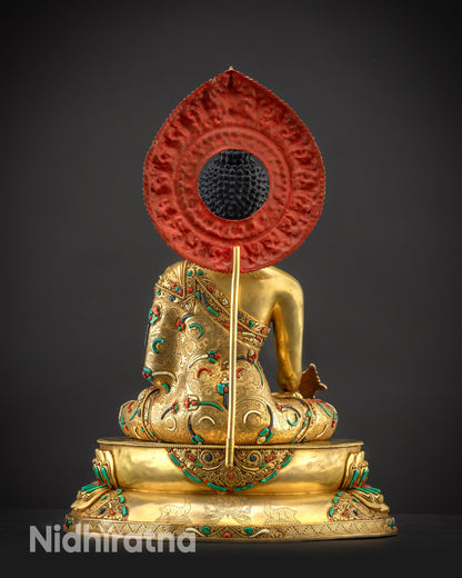 Back view of Masterpiece Medicine Buddha Statue showing carved lotus base and dharma wheel